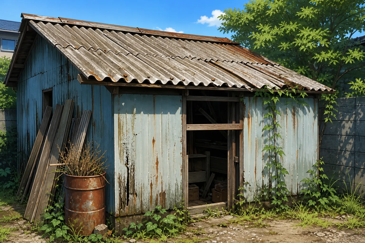 経年劣化したスレート波板屋根の古い物置の写真。]