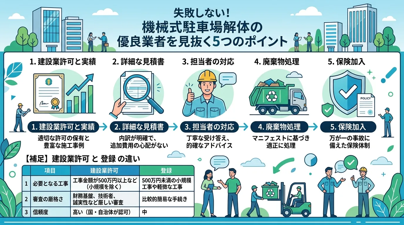日本人と現代日本の風景, 「失敗しない!機械式駐車場解体の優良業者を見抜く5つのポイント」というタイトルのインフォグラフィック。番号付きアイコンが並ぶステップ図で、1.建設業許可と実績(許可証とグラフ