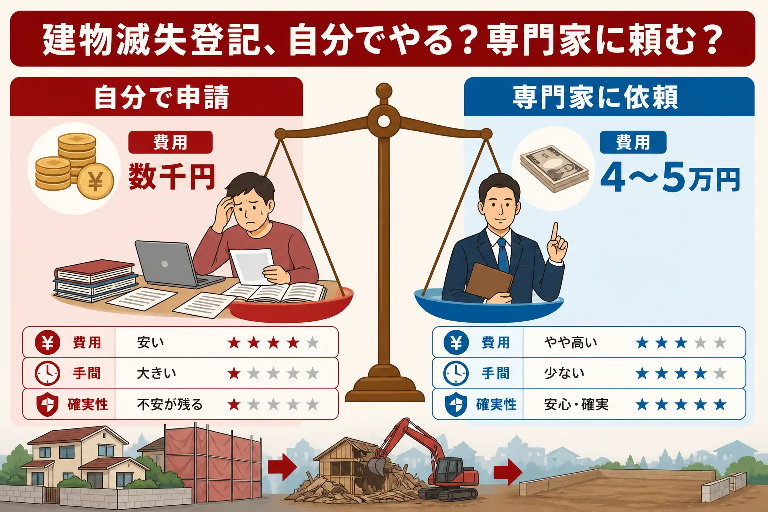 日本の木造住宅・空き家の解体現場を写実的に描いたビジュアル。重機・養生シート・整地後の更地など。基調色は #9a0300。実在する企業のロゴ・看板・車体・人物の顔は描かない。画像内に文字を入れない(図