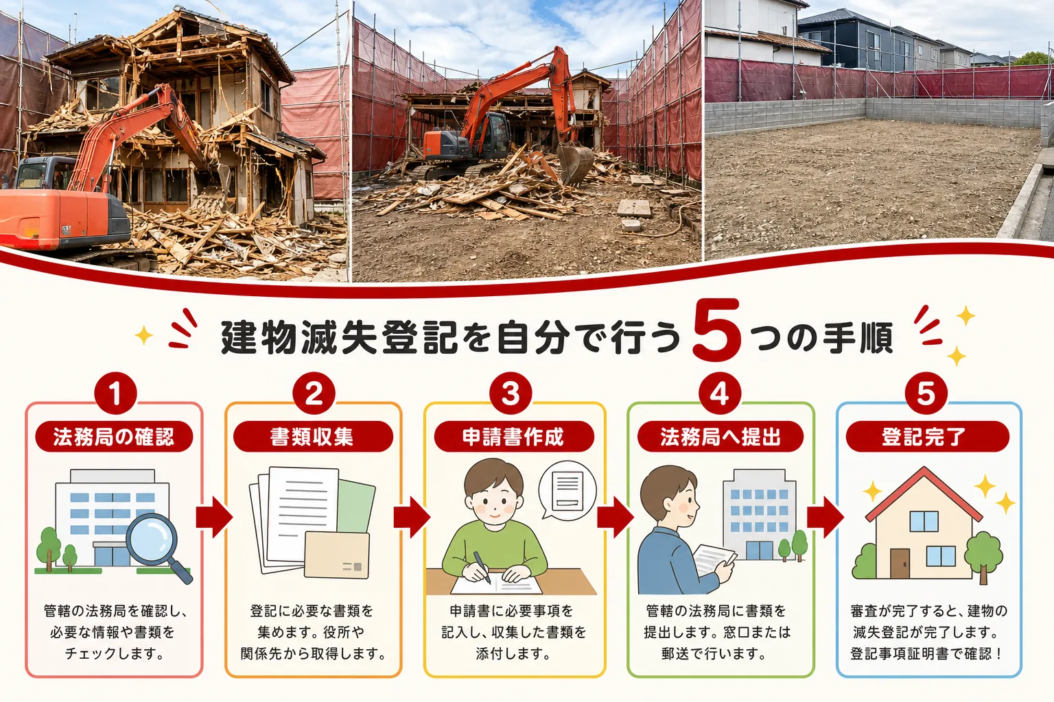 日本の木造住宅・空き家の解体現場を写実的に描いたビジュアル。重機・養生シート・整地後の更地など。基調色は #9a0300。実在する企業のロゴ・看板・車体・人物の顔は描かない。画像内に文字を入れない（図