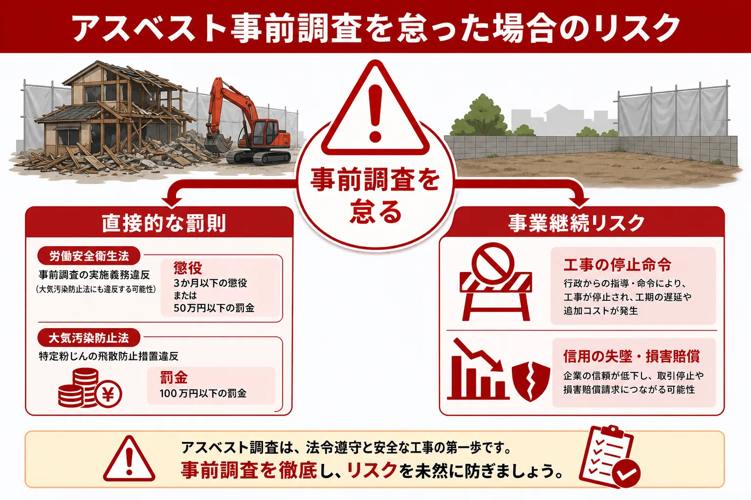 日本の木造住宅・空き家の解体現場を写実的に描いたビジュアル。重機・養生シート・整地後の更地など。基調色は #9a0300。実在する企業のロゴ・看板・車体・人物の顔は描かない。画像内に文字を入れない(図