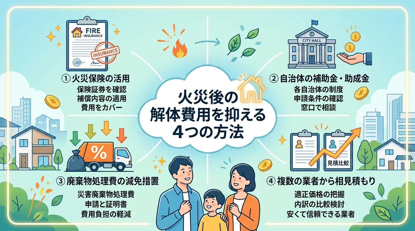 日本人と現代日本の風景, 「火災後の解体費用を抑える4つの方法」をテーマにしたインフォグラフィック。中央にタイトルを配置し、放射状に4つの方法をアイコン付きで説明する。①火災保険(保険証券のアイコン)