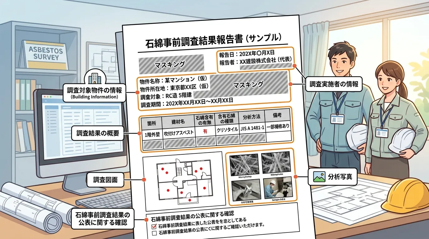 実際の「石綿事前調査結果報告書」のサンプル画像（個人情報や物件情報はマスキングしたもの）。どのような項目が記載されているかを示すキャプションを付ける。]