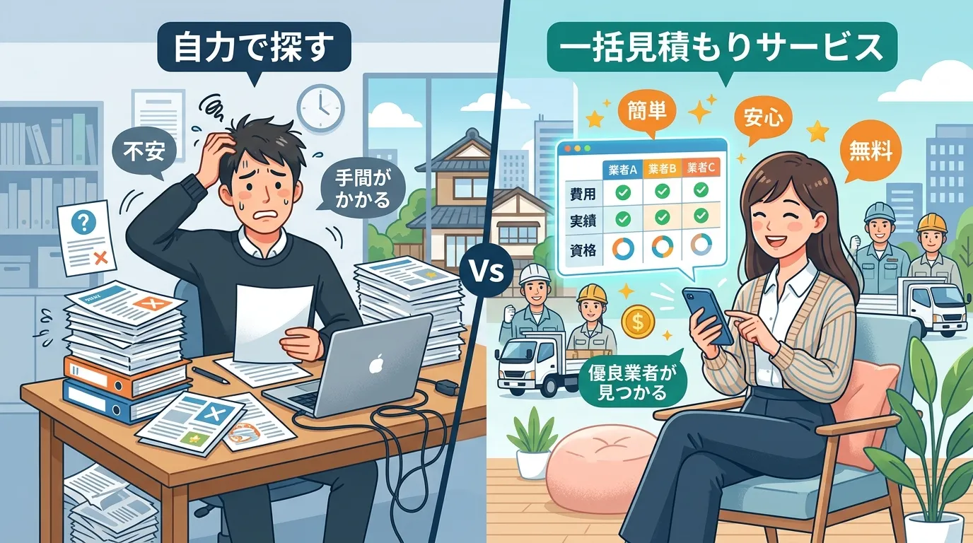 日本人と現代日本の風景, 解体業者探しの方法を比較するインフォグラフィック。画面を左右に分割し、左に「自力で探す」と題して困った表情の人物と書類の山を描き、右に「一括見積もりサービス」と題して笑顔の人