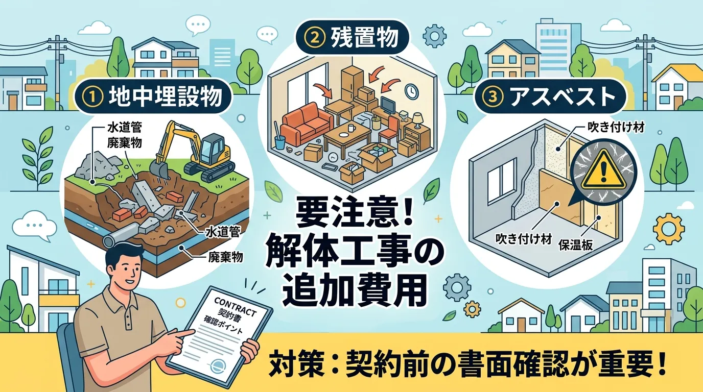 日本人と現代日本の風景, 「解体工事の3大トラブル」をテーマにしたインフォグラフィック。中央に「要注意！解体工事の追加費用」というタイトル。その周りに①「地中埋設物」と書かれ、地面からコンクリートガラ
