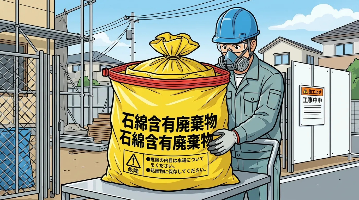 「石綿含有廃棄物」と明確に表示された黄色などの専用の梱包袋が、二重に梱包されている状態の写真。