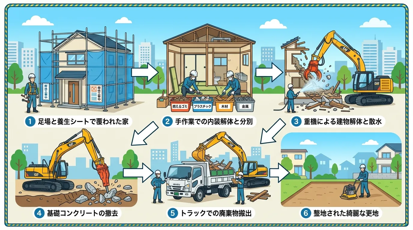 日本人と現代日本の風景, 解体工事の流れを示すインフォグラフィック。フラットデザインのデジタルイラストで、6つのステップを番号と矢印で繋ぐ。1.足場と養生シートで覆われた家、2.手作業での内装解体と分