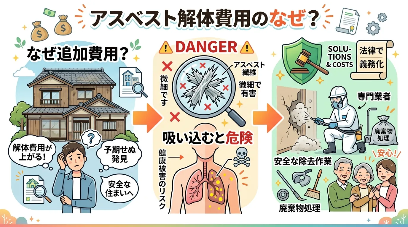 「アスベスト解体費用のなぜ？」をテーマにしたインフォグラフィック。左に古い家と「なぜ追加費用？」と悩む男性。中央にアスベスト繊維の拡大図と「吸い込むと危険」を示す肺のイラスト。右に「法律で義務化」のア