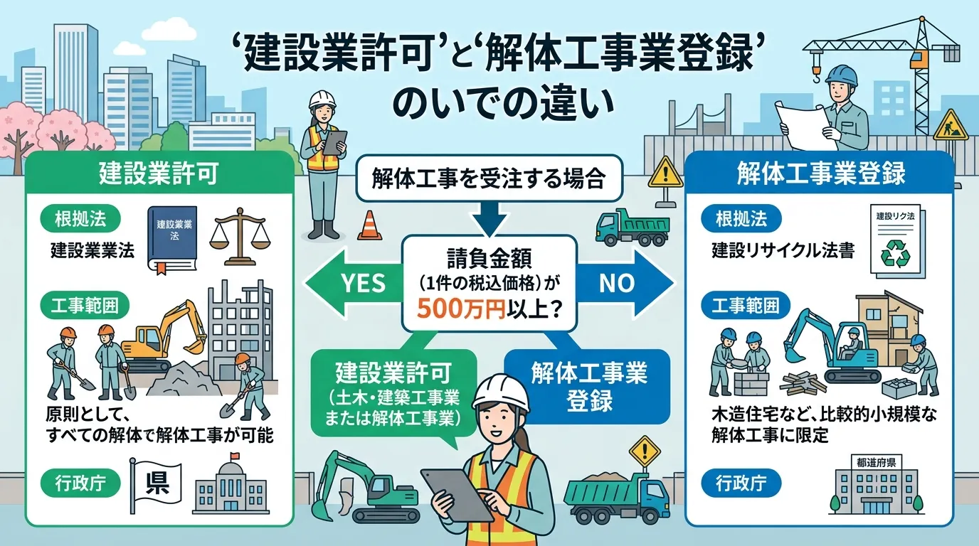 日本人と現代日本の風景, 解体工事の「建設業許可」と「解体工事業登録」の違いを解説するインフォグラフィック。中央に「請負金額500万円以上？」という分岐フローチャートを配置。YESの矢印は「建設業許可