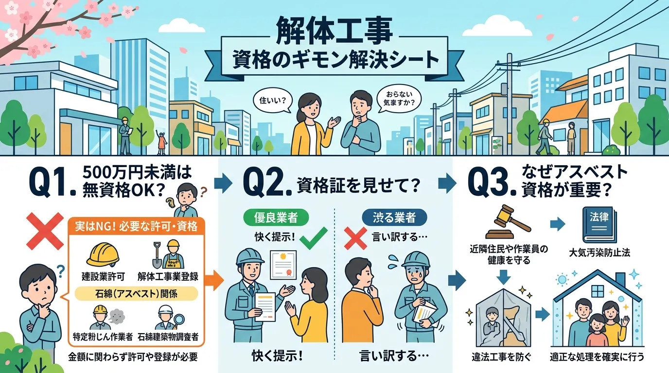 日本人と現代日本の風景, インフォグラフィック、デジタルイラスト、フラットデザイン。中央に「解体工事 資格のギモン解決シート」というタイトル。施主が確認すべき3つの要点を図解。「Q1. 500万円未満