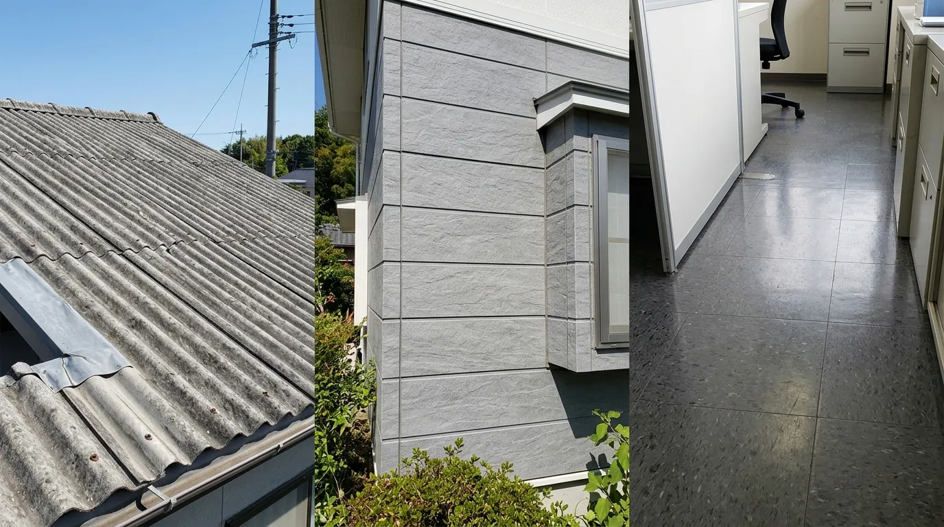 一般的な戸建て住宅の波板スレート屋根、外壁サイディング、事務所の床Pタイルの写真を3枚並べて表示]