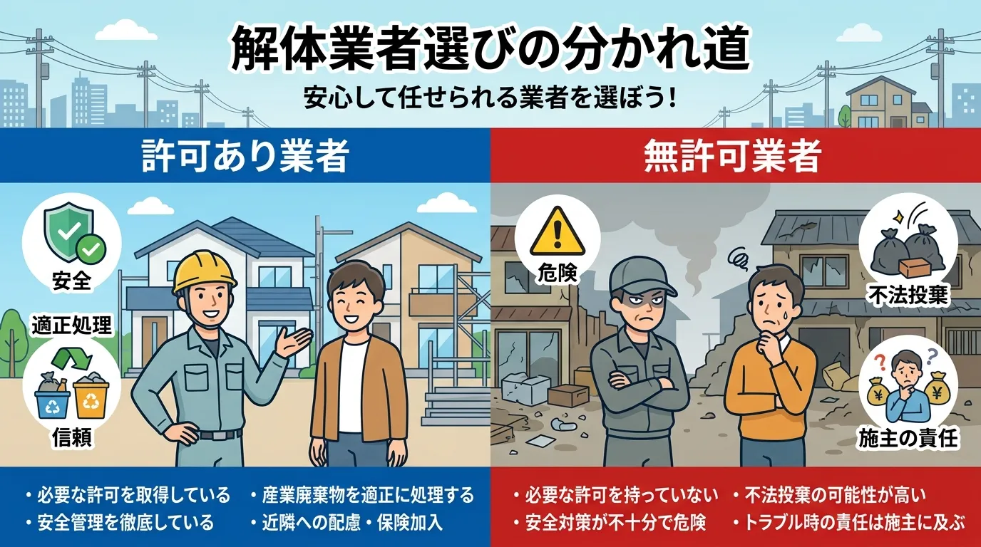 日本人と現代日本の風景, インフォグラフィック。「解体業者選びの分かれ道」というタイトルで画面を左右に分割した比較図。左側は「許可あり業者」で、青背景に笑顔の作業員と安心する施主、「安全」「適正処理」