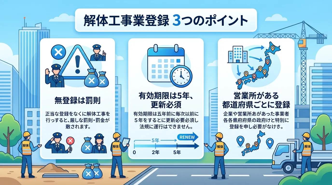 日本人と現代日本の風景, 解体工事業登録の要点を解説するインフォグラフィック。フラットデザインで明るいデジタルイラスト。上部に「解体工事業登録 3つのポイント」というタイトル。その下に3つの項目を横並