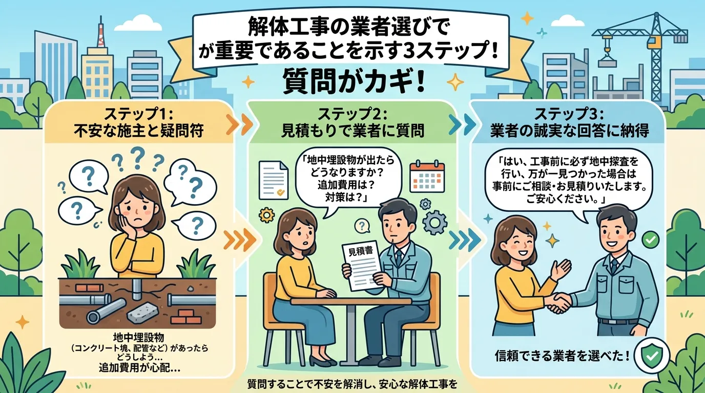 日本人と現代日本の風景, 解体工事の業者選びで「質問」が重要であることを示す3ステップのインフォグラフィック。ステップ1：不安な施主と疑問符のアイコン（地中埋設物など）。ステップ2：見積もりで業者に質