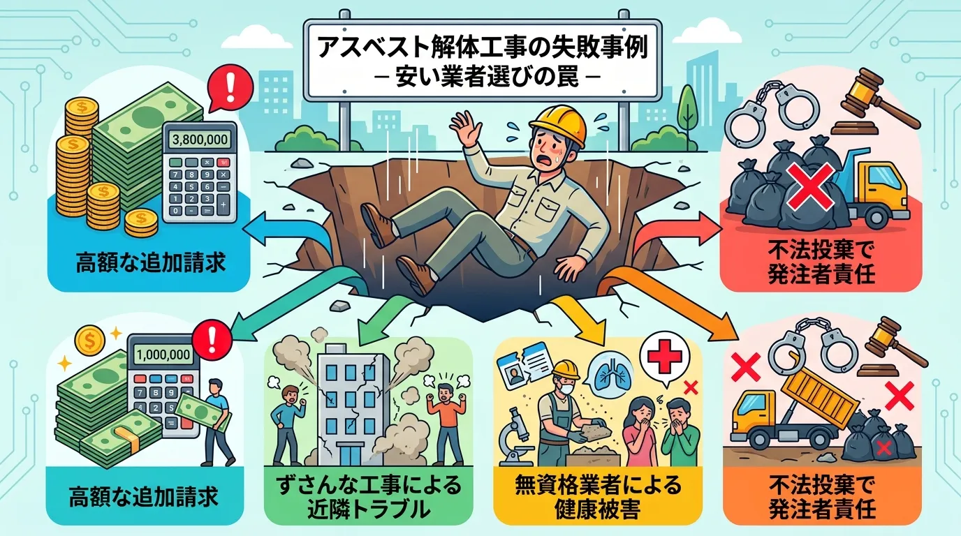 アスベスト解体工事の失敗事例を示すインフォグラフィック。「安い業者選びの罠」と書かれた落とし穴に施主が落ちていく様子を中央に配置。落下先が「高額な追加請求」「ずさんな工事による近隣トラブル」「無資格業