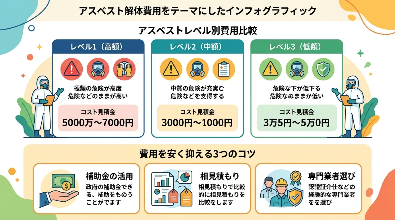 アスベスト解体費用をテーマにしたインフォグラフィック。中央に「アスベストレベル別費用比較」として「レベル1（高額）」「レベル2（中額）」「レベル3（低額）」の3項目を横並びで図解し、各々に危険度アイコ