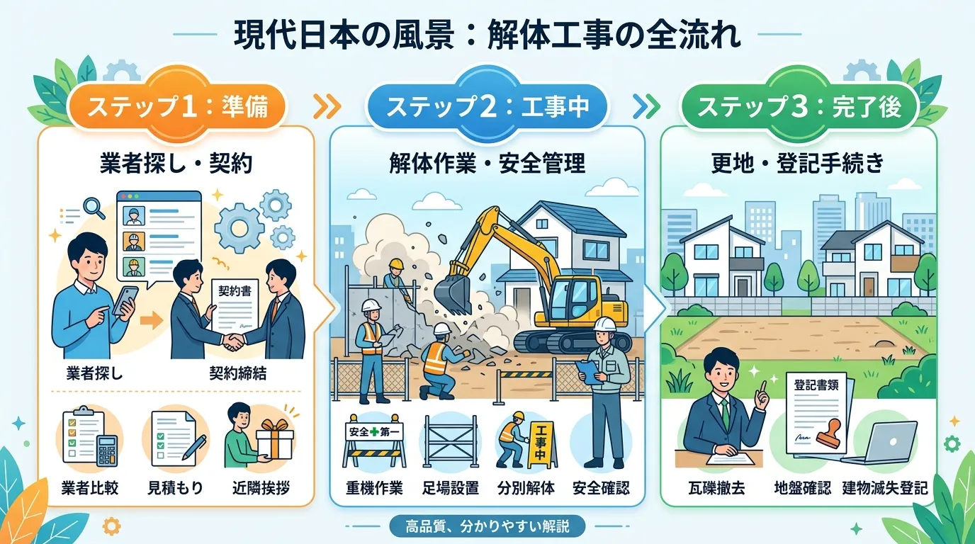 日本人と現代日本の風景, 解体工事の全流れを示すインフォグラフィック。左から右へ「ステップ1：準備」「ステップ2：工事中」「ステップ3：完了後」と進む3段階のステップ図。各ステップには内容を象徴するア