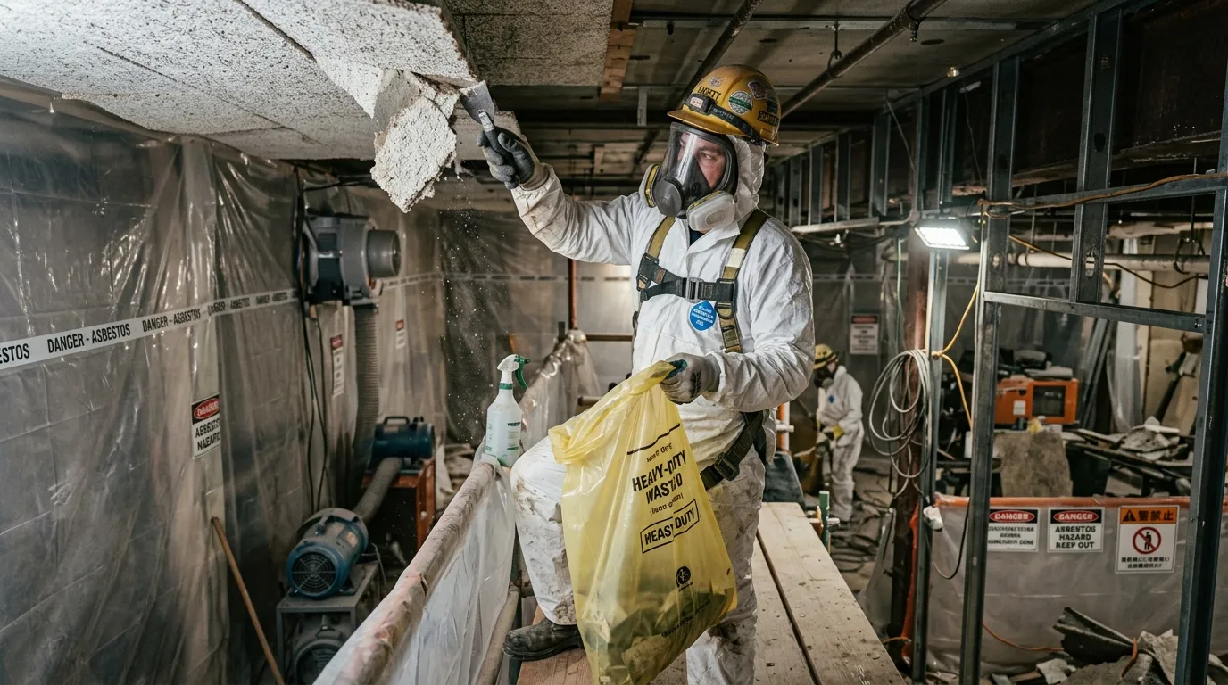 防護服とマスクを着用した作業員が、慎重にアスベスト含有建材を除去している作業風景の写真。]