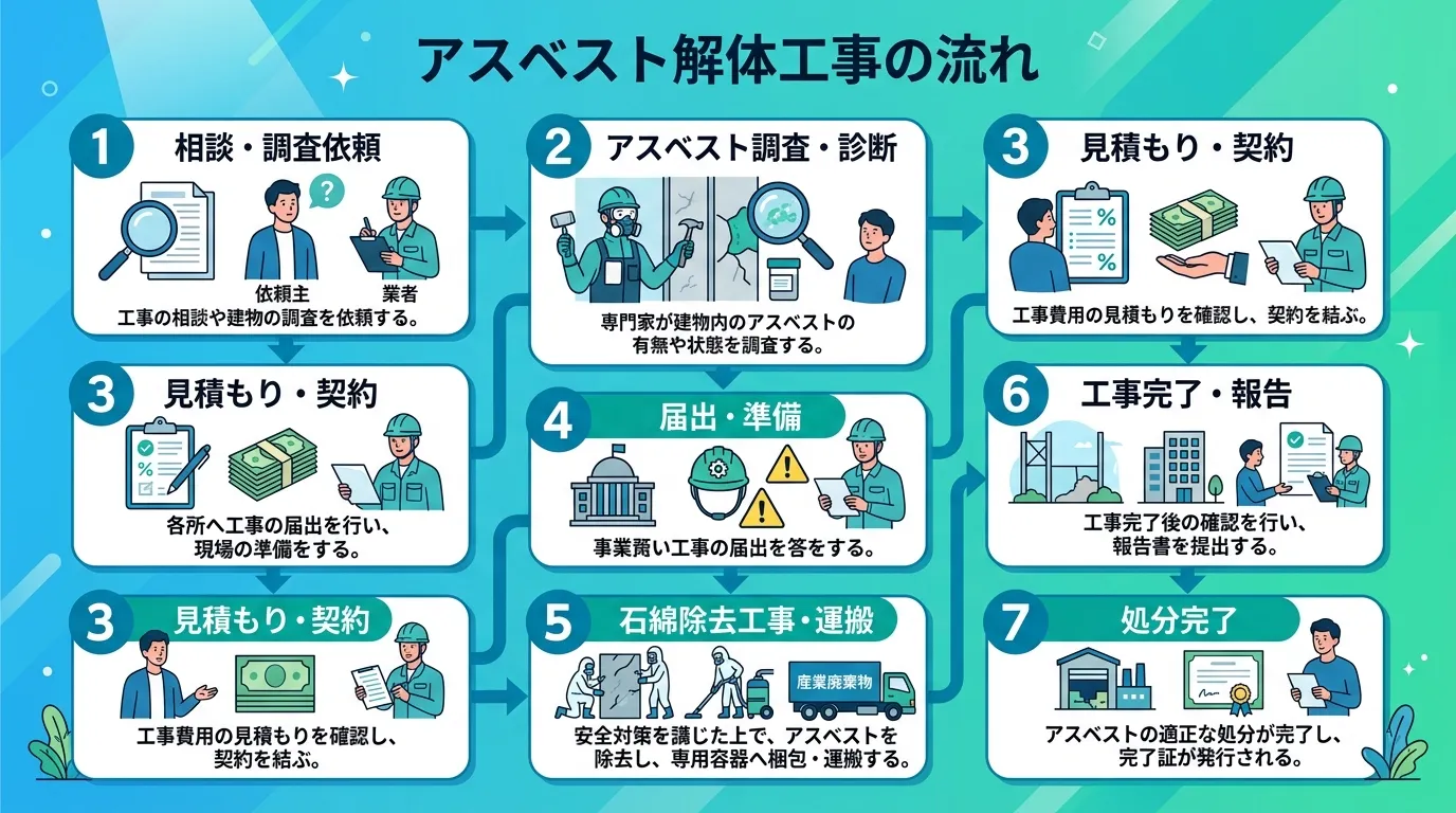 「アスベスト解体工事の流れ」を解説するインフォグラフィック。相談から完了までの7つのステップを、番号とアイコン（虫眼鏡、書類、ヘルメット、トラック等）で上から下に並べたフローチャート形式で描く。各ステ