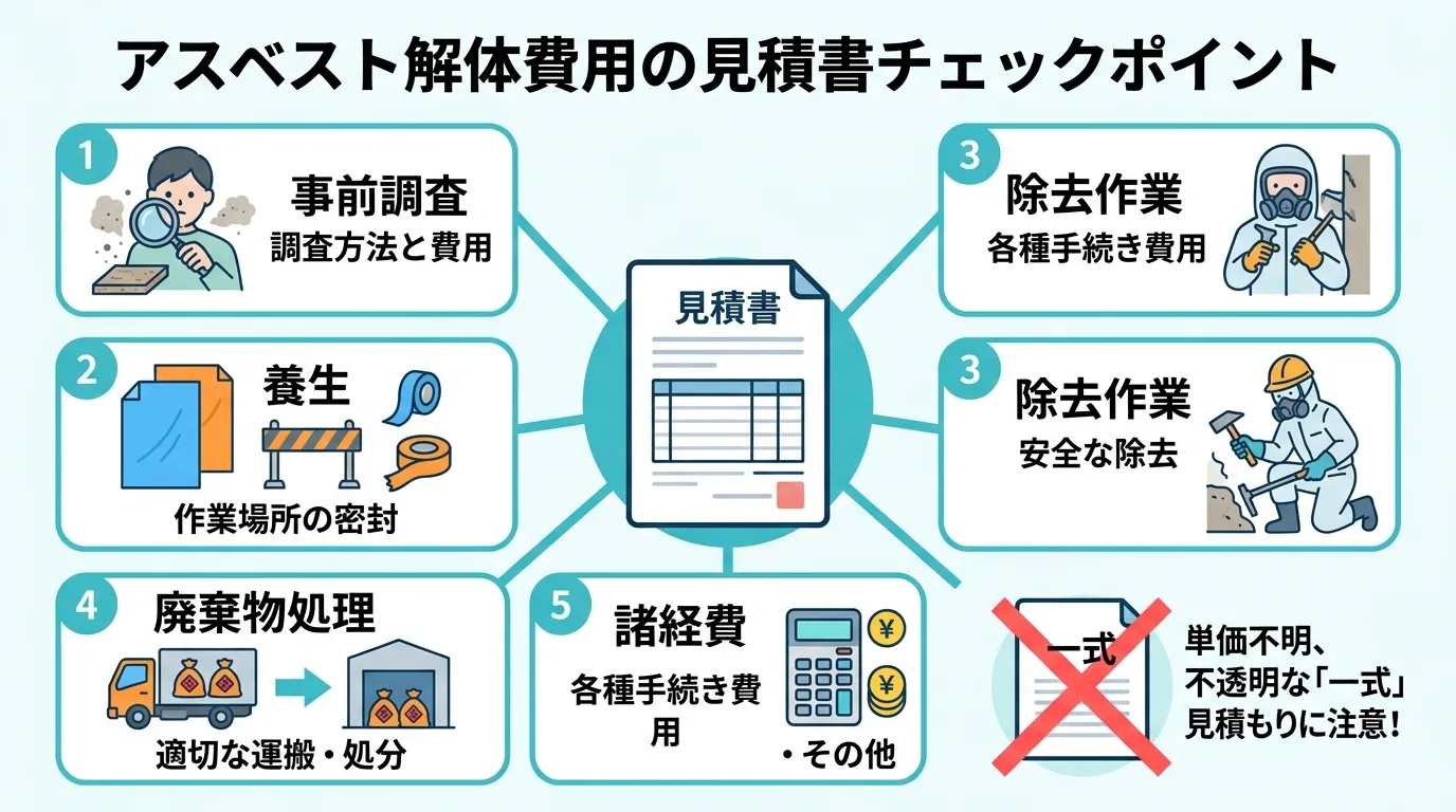 「アスベスト解体費用の見積書チェックポイント」をテーマにしたインフォグラフィック。白背景にフラットデザインのデジタルイラスト。中央に見積書のアイコンを配置し、そこから「事前調査（虫眼鏡）」「養生（シー