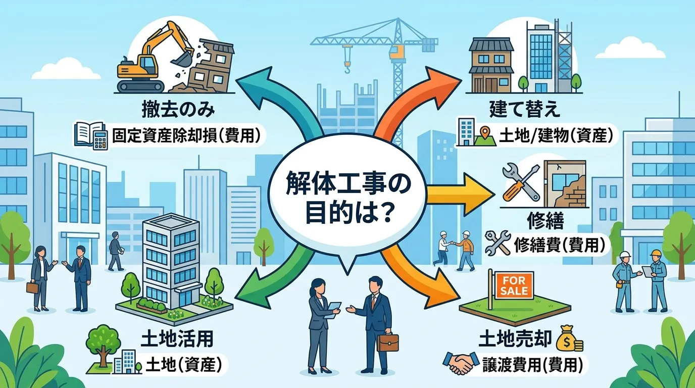日本人と現代日本の風景, 解体工事の勘定科目を解説するインフォグラフィック。中央に「解体工事の目的は？」と書かれた吹き出しを配置。そこから5本の矢印が分岐し、各先にアイコンとテキストで「撤去のみ&rarr;固定