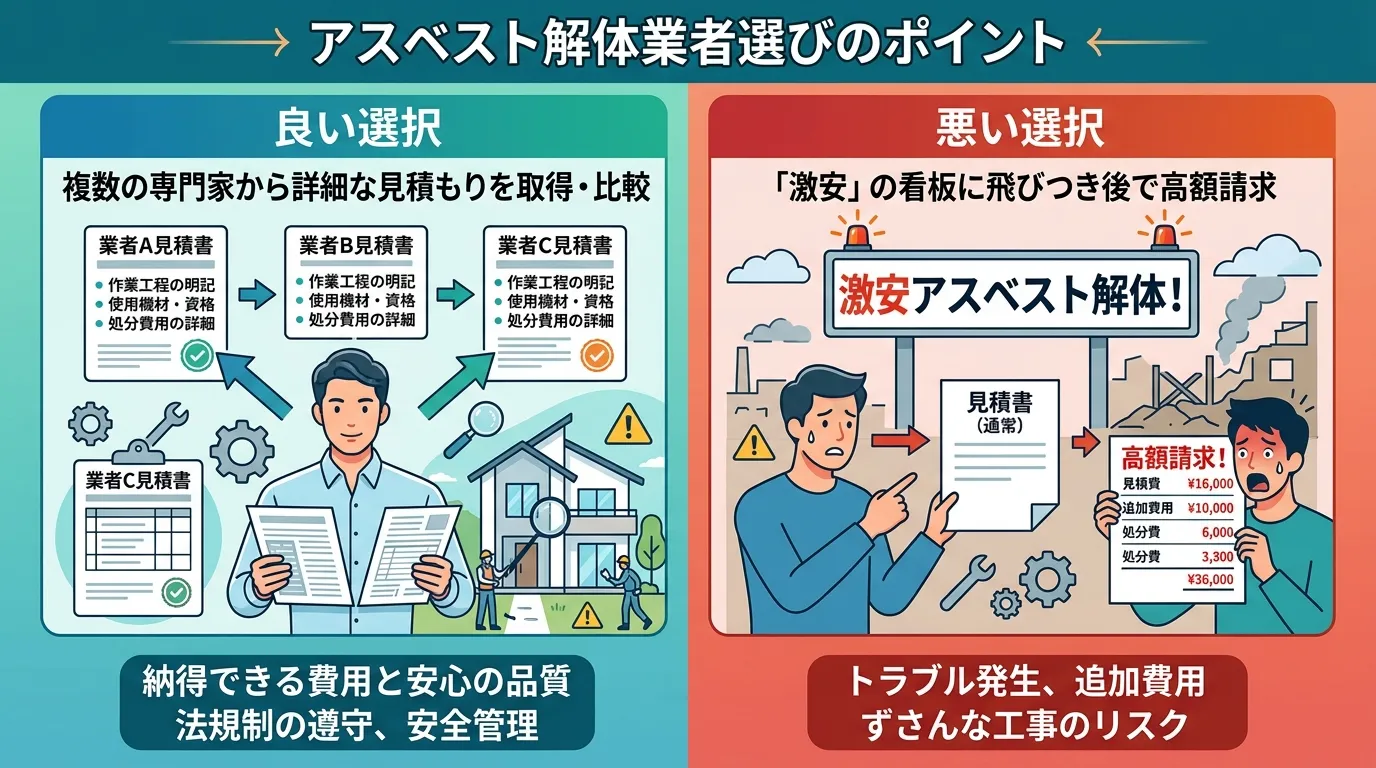 アスベスト解体業者選びのポイントを示すインフォグラフィック。画面を左右に分割し、左は「良い選択」として青基調で、複数の専門家から詳細な見積もりを取り比較検討する人物を描く。右は「悪い選択」として赤基調
