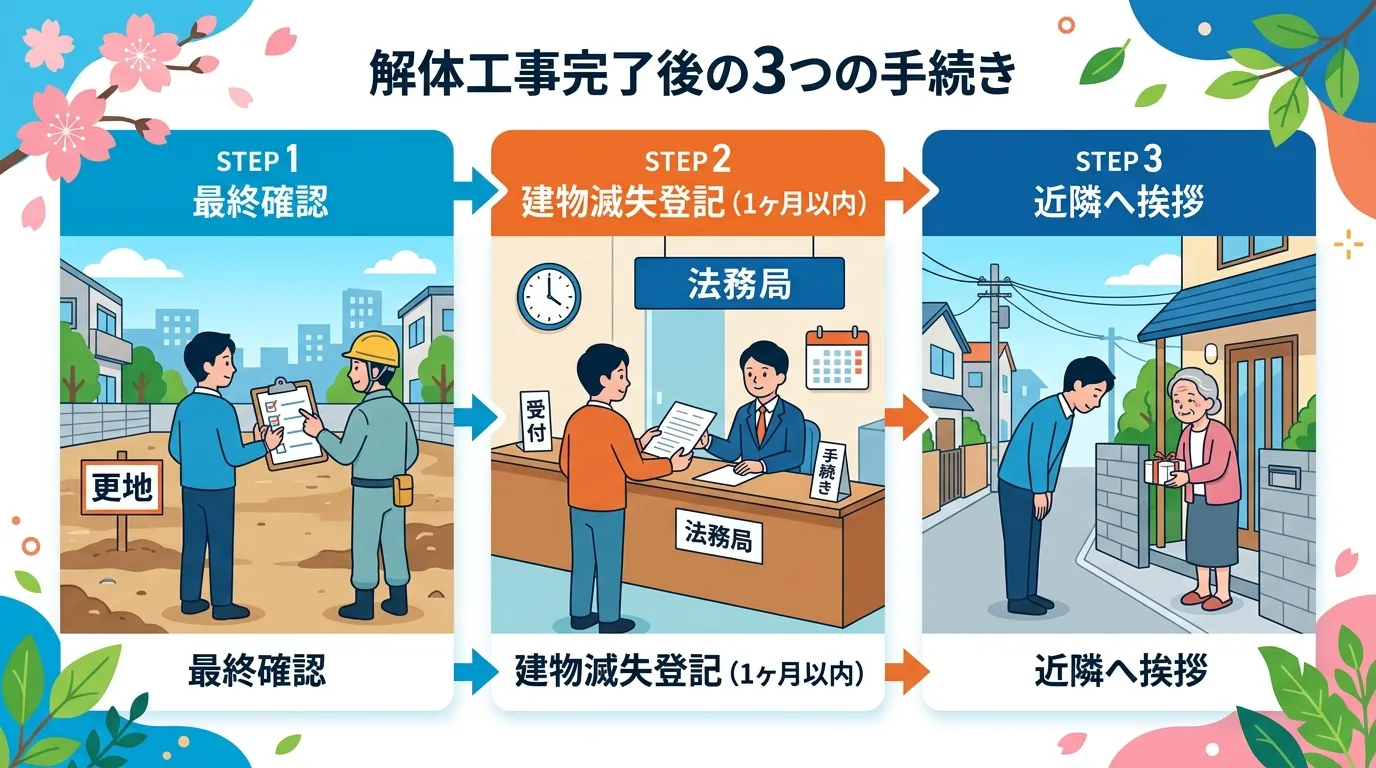 日本人と現代日本の風景, 「解体工事完了後の3つの手続き」をテーマにしたインフォグラフィック。左から右へ進む3ステップのフロー図。ステップ1は「最終確認」と題し、施主と業者が更地でチェックリストを持つ