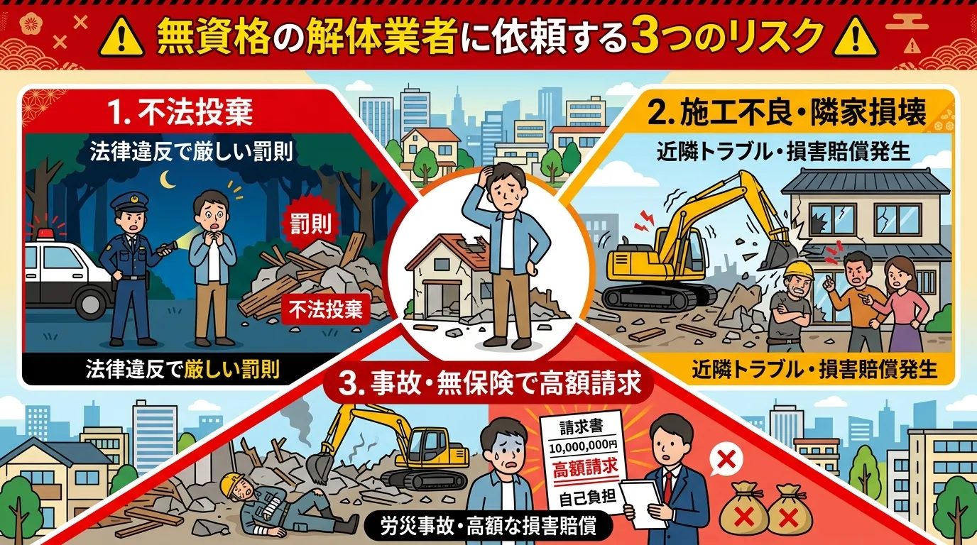 日本人と現代日本の風景, 「無資格の解体業者に依頼する3つのリスク」をテーマにしたインフォグラフィック。中央に困惑する施主を配置し、そこから放射状に3つのリスクシーンを描く。1.「不法投棄」山で警察に