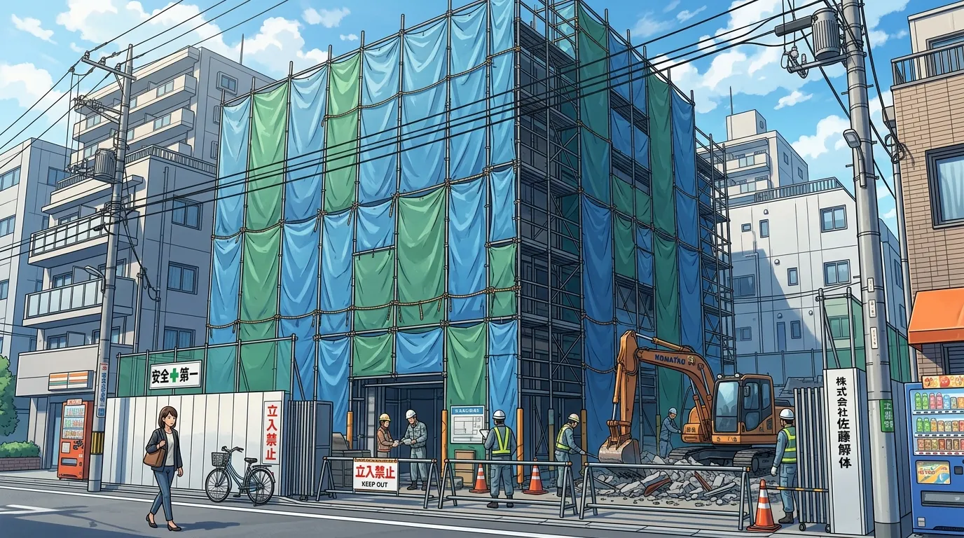 建物全体が隙間なく養生シートで覆われている解体現場の写真。シートが風で煽られないよう、しっかりと固定されている様子がわかるもの。]