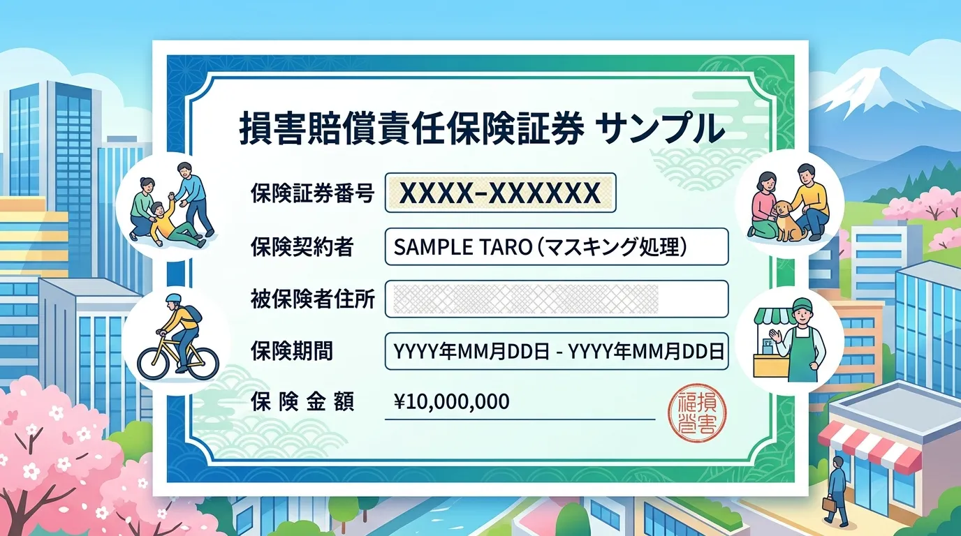 損害賠償責任保険の保険証券のサンプル画像。証券番号や個人情報はマスキング処理したもの。]