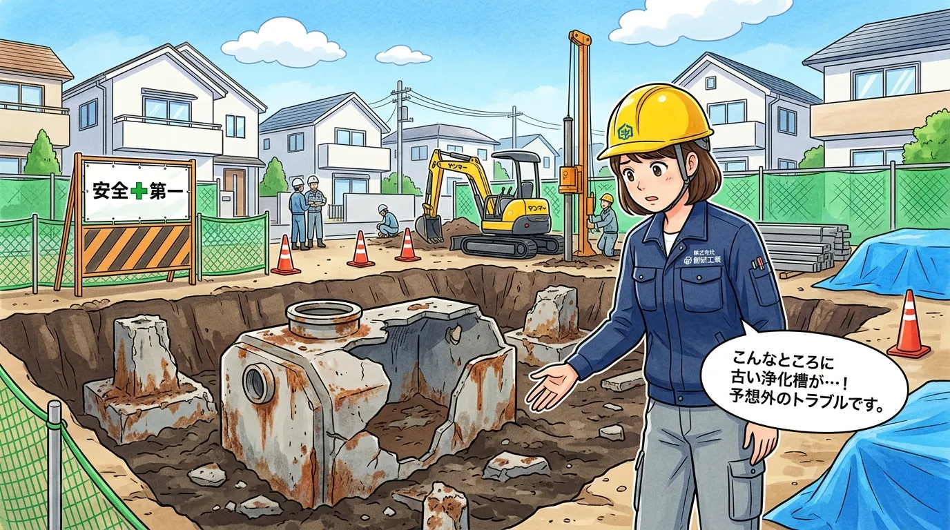 地中から出てきた古いコンクリート基礎や浄化槽の写真。トラブルの具体例として視覚的に示す。]