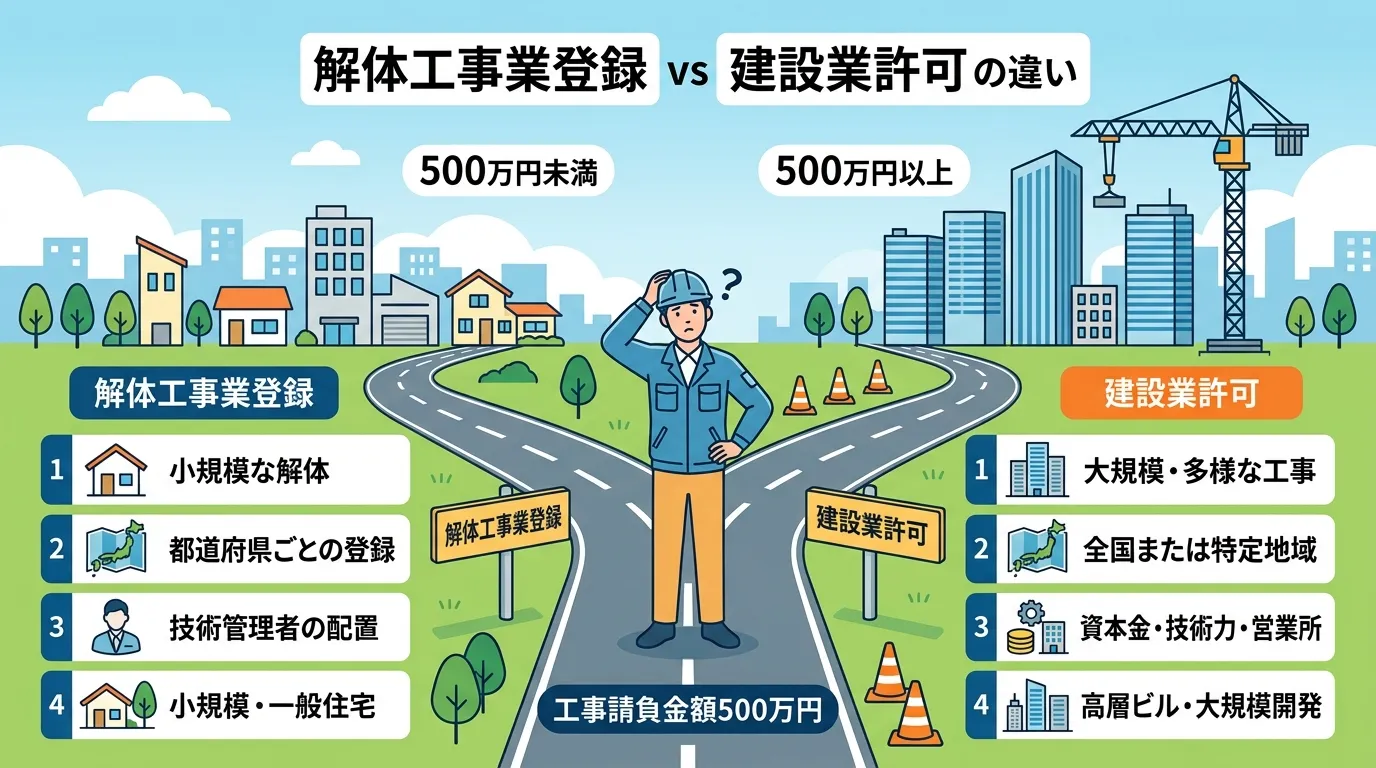 日本人と現代日本の風景, インフォグラフィック、フラットデザイン。「解体工事業登録」と「建設業許可」の違いを比較する図解。中央に「請負金額500万円」と書かれた分かれ道があり、作業員が悩んでいる。左は