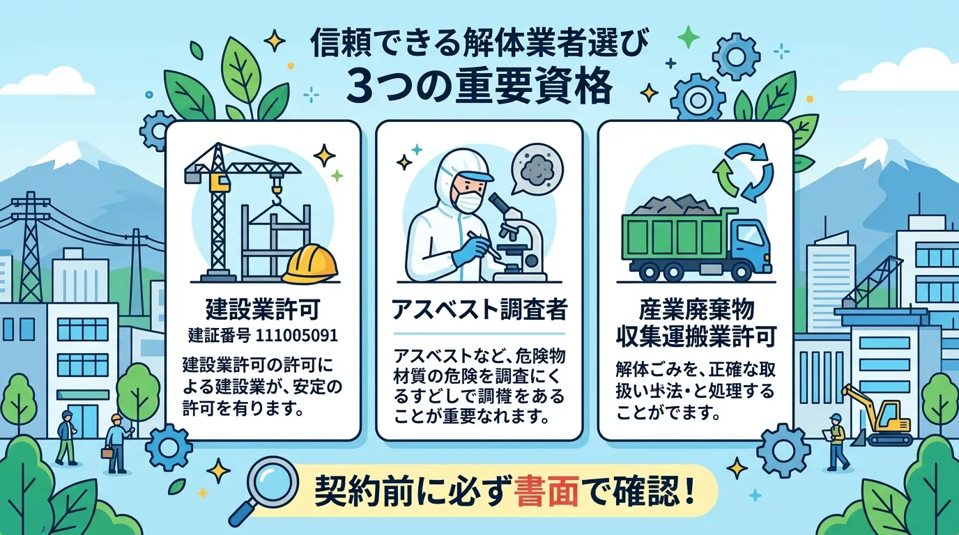 日本人と現代日本の風景, 「優良な解体業者選びのチェックリスト」をテーマにしたインフォグラフィック。中央に「信頼できる解体業者選び 3つの重要資格」というタイトル。その下にアイコン付きの3つの資格「建