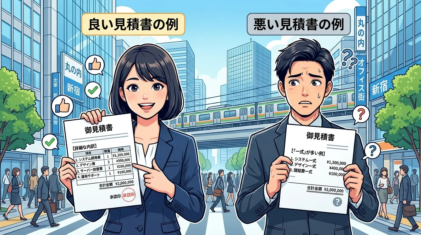 見積書の良い例（内訳が詳細）と悪い例（「一式」が多い）を並べて比較している画像]