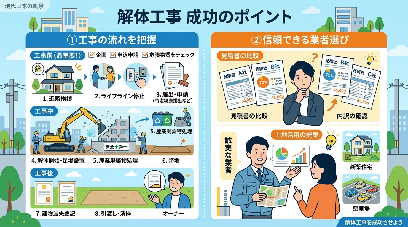 日本人と現代日本の風景, 「解体工事 成功のポイント」をテーマにしたインフォグラフィック。親しみやすいフラットデザインのイラスト。画面を大きく2分割し、左に「①工事の流れを把握」として「工事前（最重要
