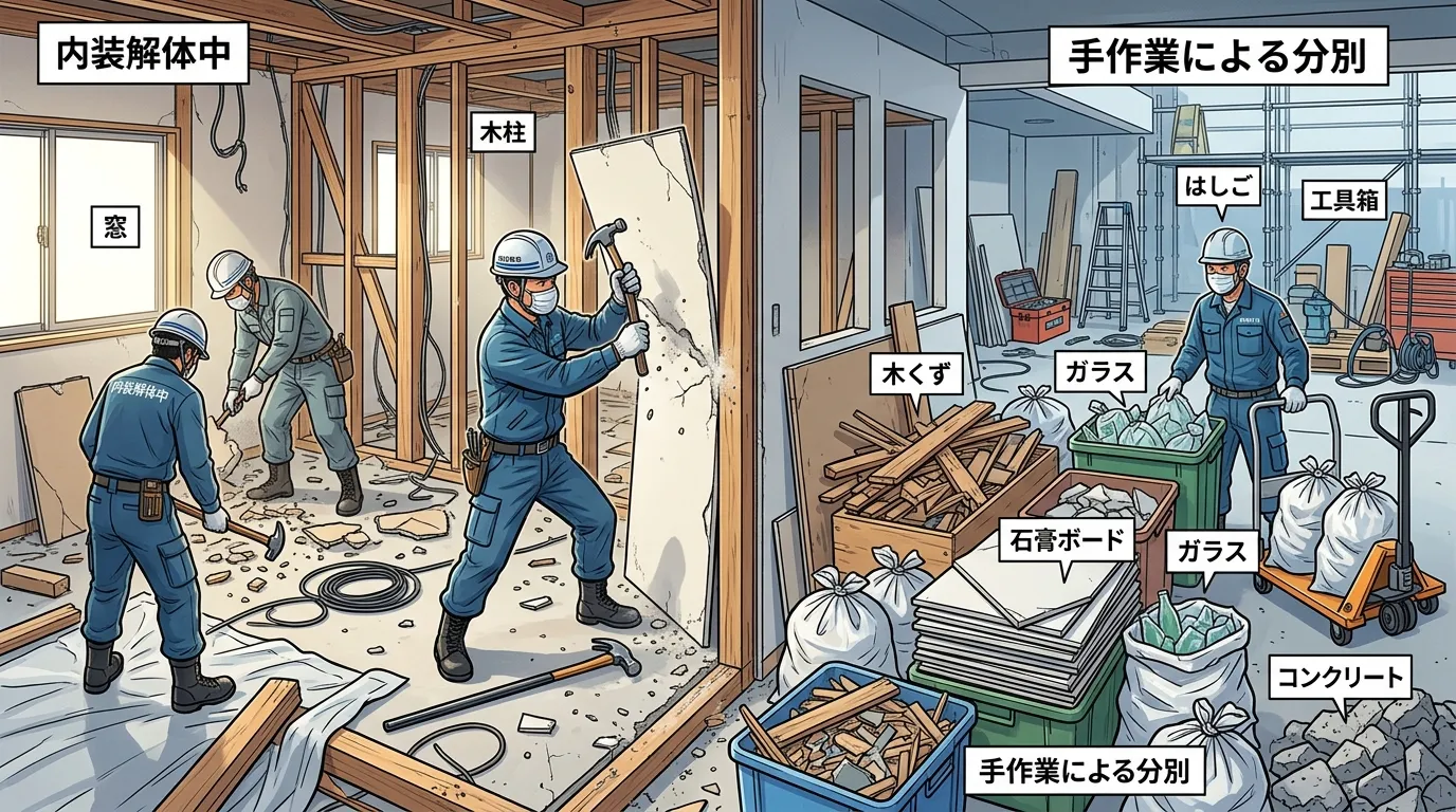 作業員が手作業で内装材（石膏ボードなど）を剥がしている様子の写真と、分別された廃材（木くず、石膏ボード、ガラスなど）が種類ごとにまとめられている写真。]
