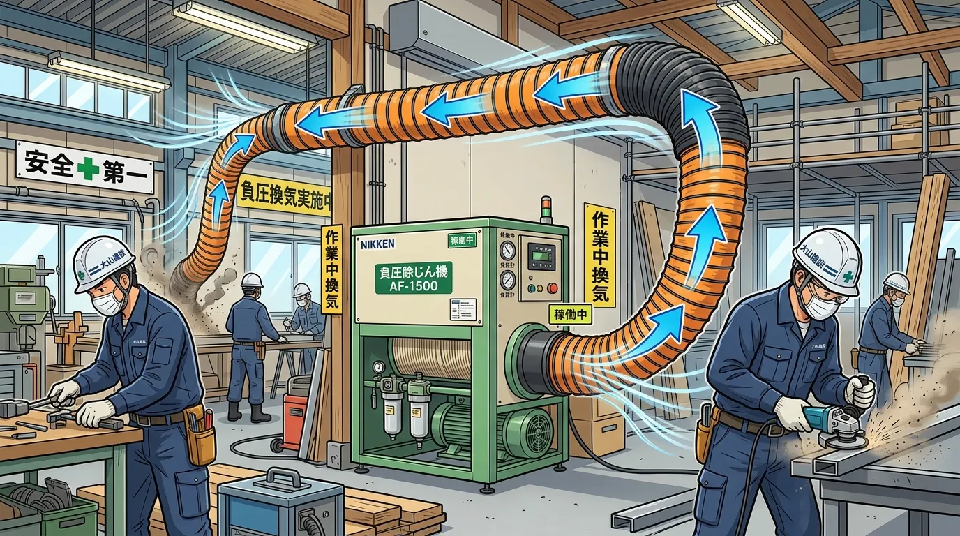 負圧除じん装置が設置された作業場の内部写真。装置からダクトが伸び、内部の空気を吸い出している様子を視覚的に示す。]