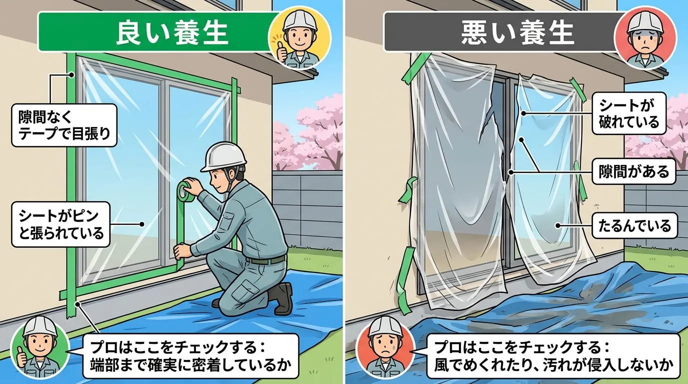 「良い養生」と「悪い養生」の比較写真。良い例はシートが隙間なくテープで目張りされ、ピンと張られている様子。悪い例はシートが破れていたり、隙間があったり、たるんでいる様子。キャプションで「プロはここをチ