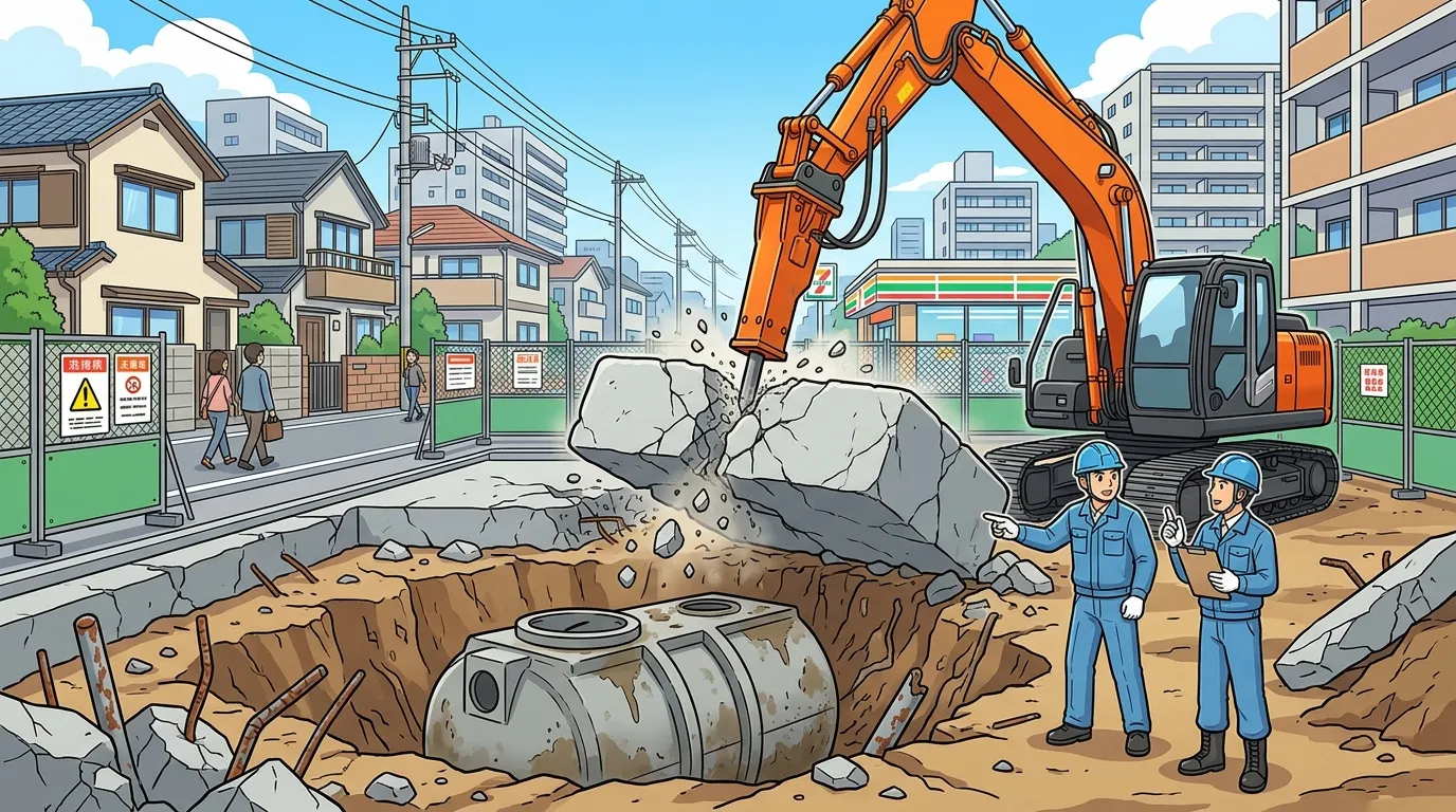 重機が地面を掘り起こし、コンクリートの基礎を撤去している写真。可能であれば、地中から出てきた古い浄化槽やコンクリートガラの写真も追加。]