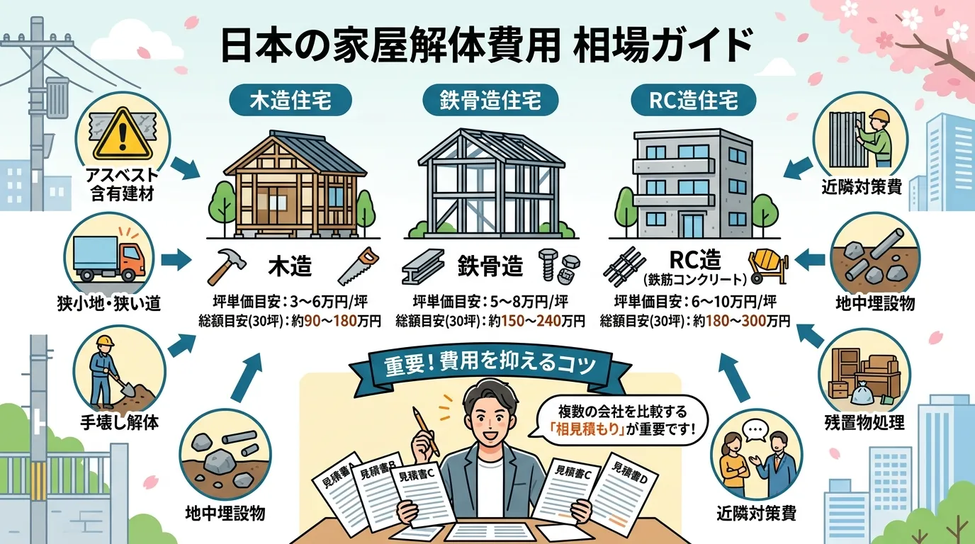 日本人と現代日本の風景, 解体工事の費用相場がわかるインフォグラフィック。フラットデザインのデジタルイラストで、中央に木造・鉄骨造・RC造の家のイラストを並べ、下にそれぞれの坪単価と費用目安を記載。周