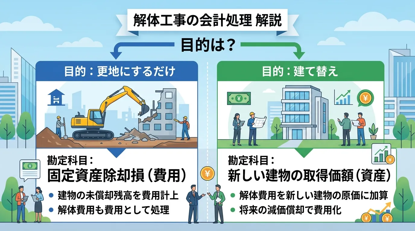 日本人と現代日本の風景, 解体工事の会計処理を解説するインフォグラフィック。「目的は？」という問いから左右に分岐する比較図。左は「目的：更地にするだけ」で勘定科目は「固定資産除却損（費用）」、右は「目
