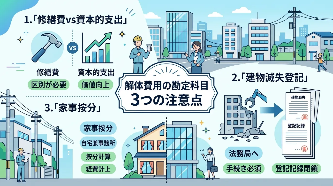 日本人と現代日本の風景, 「解体費用の勘定科目 3つの注意点」というタイトルのインフォグラフィック。中央のタイトルを囲むように3つのポイントを配置。1.「修繕費vs資本的支出」ハンマーと右肩上がりのグ