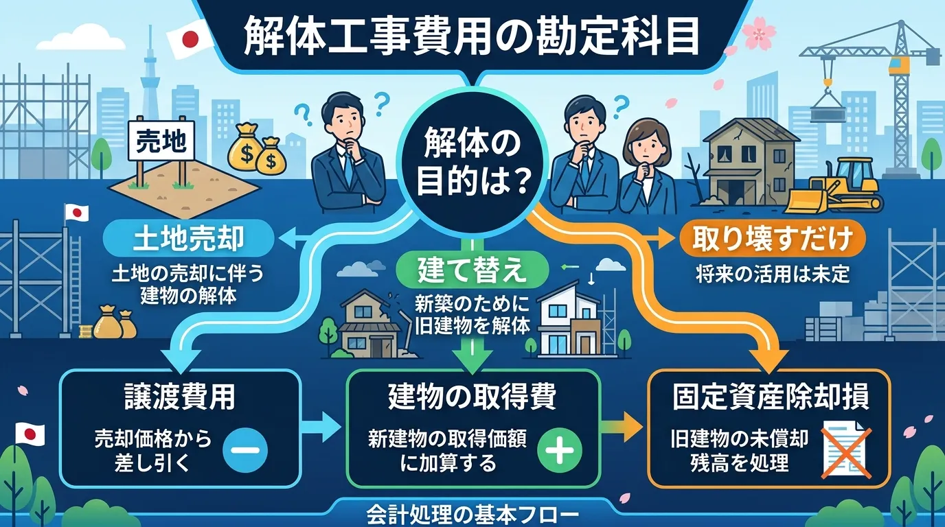 日本人と現代日本の風景, 「解体工事費用の勘定科目」というタイトルのインフォグラフィック。中央に「解体の目的は？」という質問を配置し、そこから「土地売却」「建て替え」「取り壊すだけ」の3つに分岐するフ
