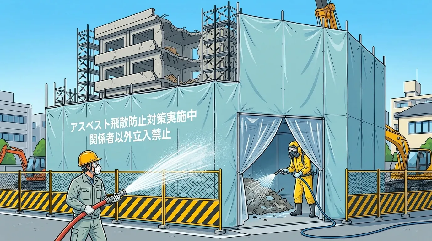 解体工事現場でアスベスト飛散防止のために養生シートで厳重に隔離されている様子や、作業員が散水（湿潤化）している様子の写真。実際の対策が視覚的にわかるもの。]