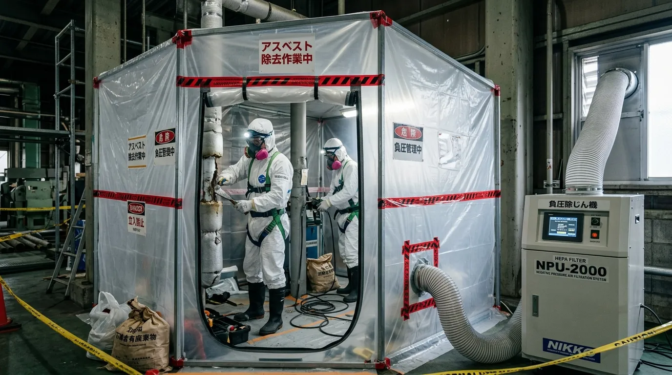 アスベスト除去作業における厳重な養生の様子。ビニールシートで完全に隔離された作業エリアや、負圧除じん機が設置されている写真。]