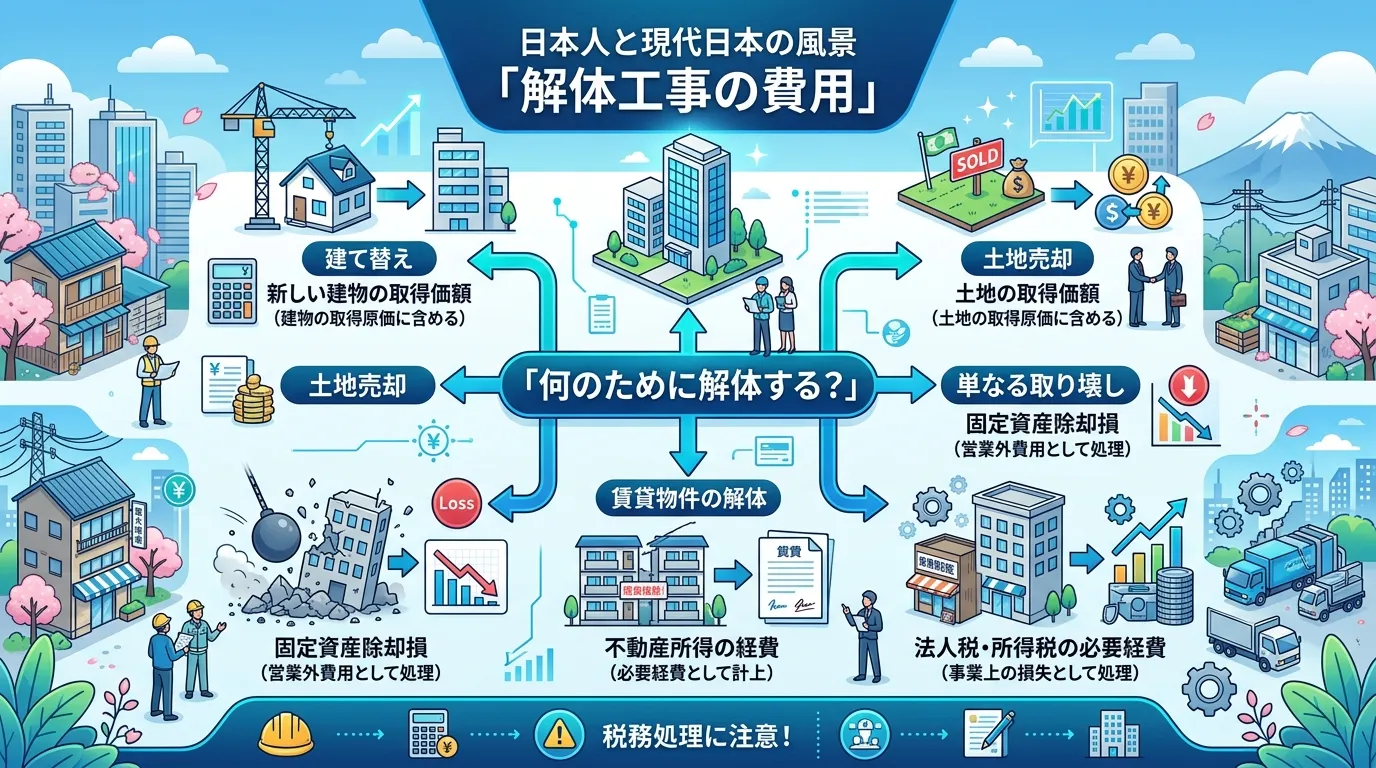 日本人と現代日本の風景, 「解体工事の費用」をテーマにしたインフォグラフィック。中央に「何のために解体する？」という大きな質問を配置したフローチャート形式。「建て替え&rarr;新しい建物の取得価額」「土地売却