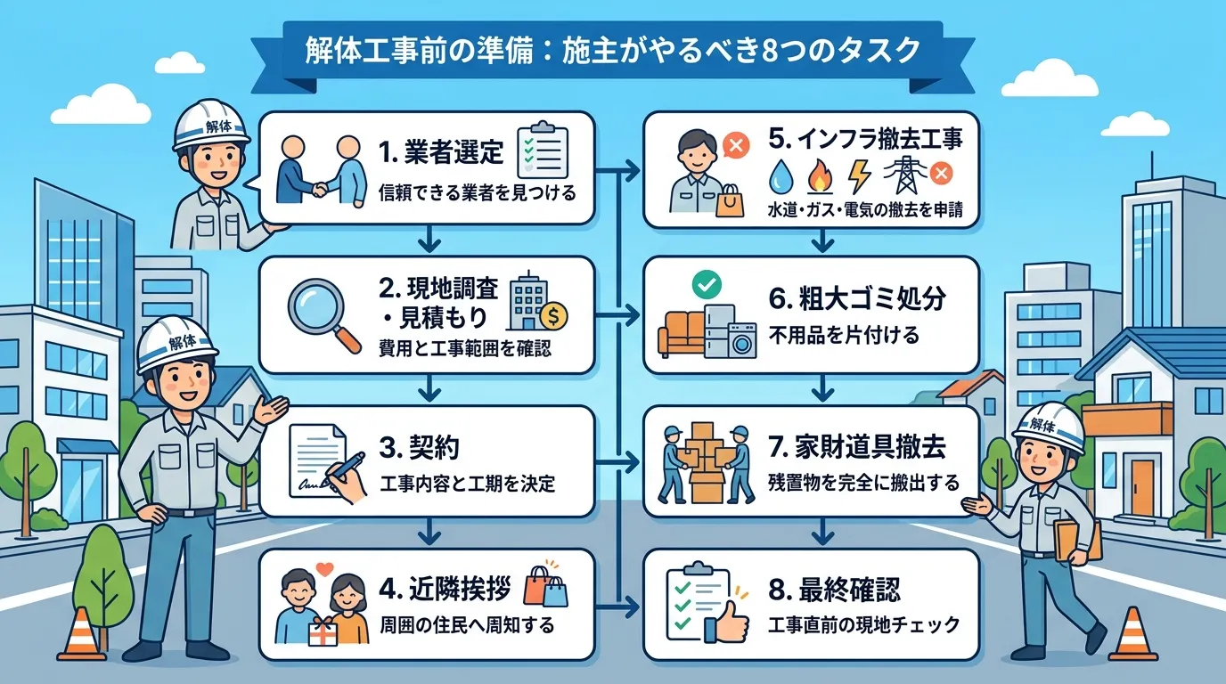 日本人と現代日本の風景, 「解体工事前の準備」をテーマにしたステップ図のインフォグラフィック。施主がやるべき8つのタスクを、上から下へ流れるフローチャートで表現する。「1.業者選定」「2.現地調査・見