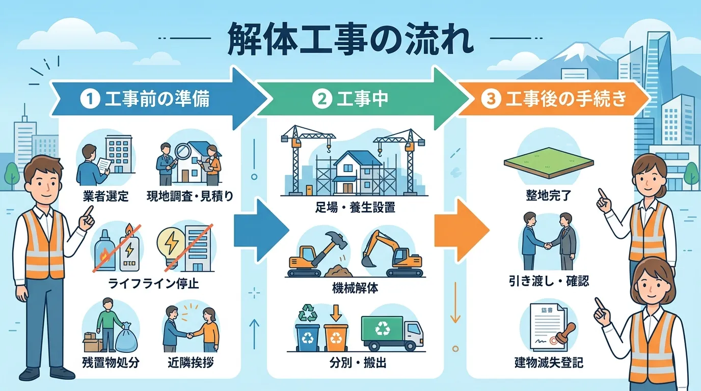 日本人と現代日本の風景, 「解体工事の流れ」というタイトルのインフォグラフィック。左から右へ進む3段階のステップ図で、「①工事前の準備」「②工事中」「③工事後の手続き」と日本語で明記し、大きな矢印で繋