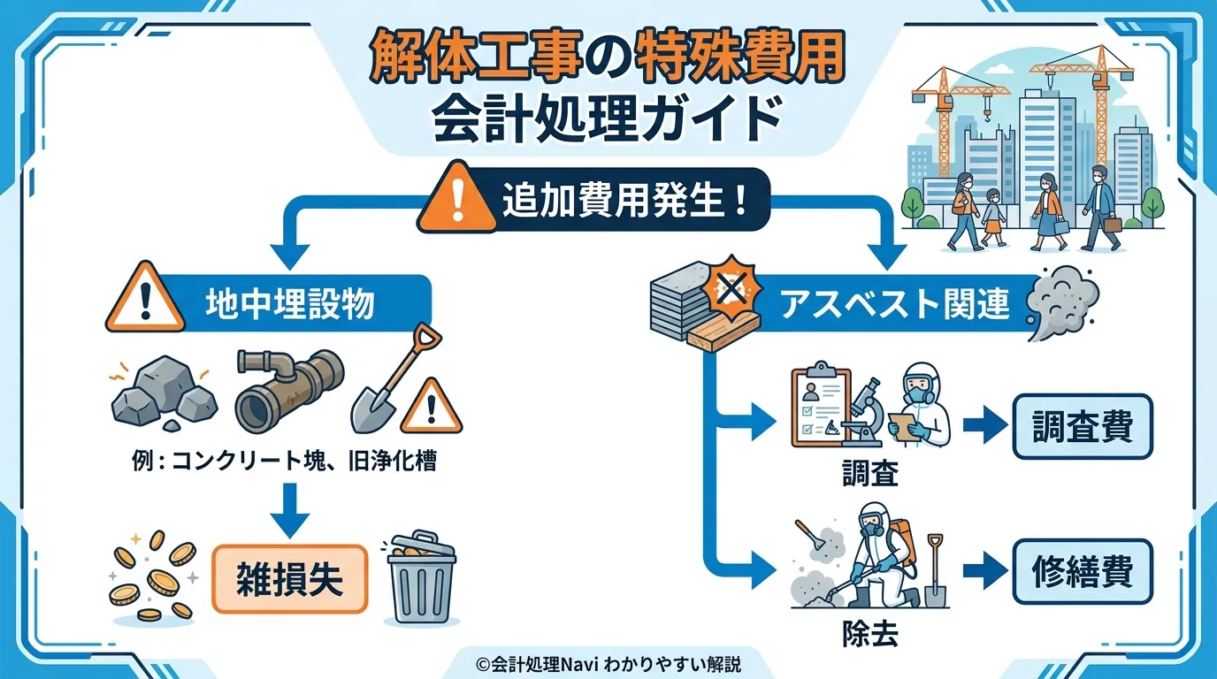 日本人と現代日本の風景, インフォグラフィック、デジタルイラスト、フラットデザイン。「解体工事の特殊費用 会計処理ガイド」というタイトルの下、フローチャート形式で作成。中央の「追加費用発生！」から、左