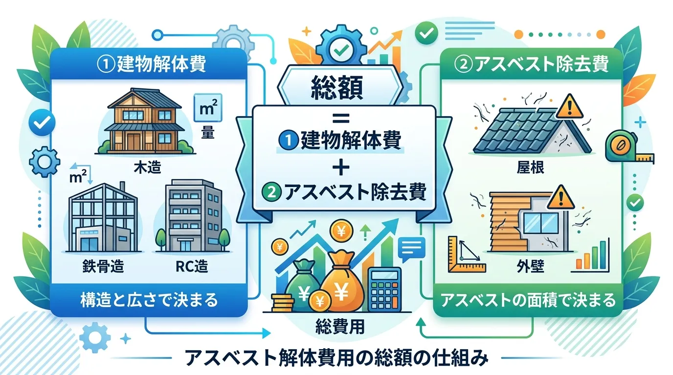アスベスト解体費用の総額の仕組みを示すインフォグラフィック。中央に「総額 = ①建物解体費 + ②アスベスト除去費」という計算式を配置。左に①の詳細として木造・鉄骨造・RC造の建物アイコンと「構造と広